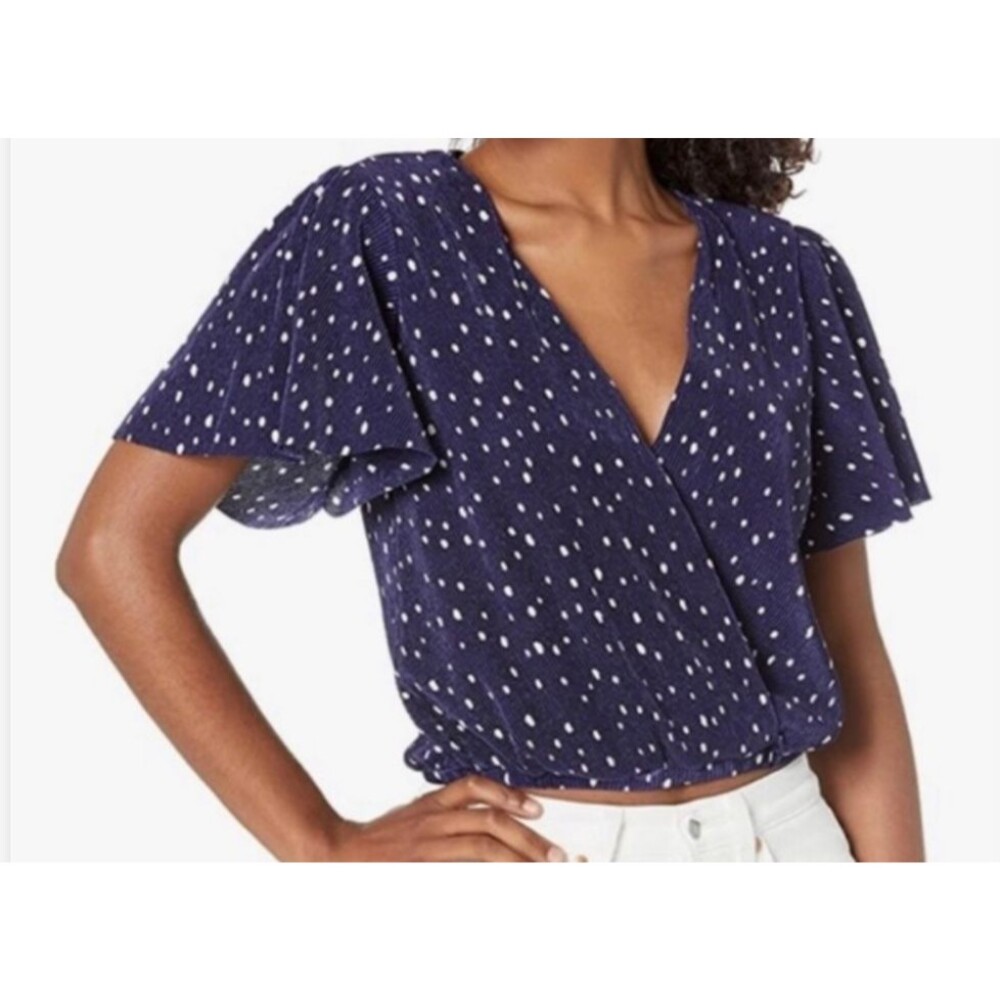 ASTR the Label Women's Plisse Ribbed Faux Wrap Top Navy Polka Dot Size Small